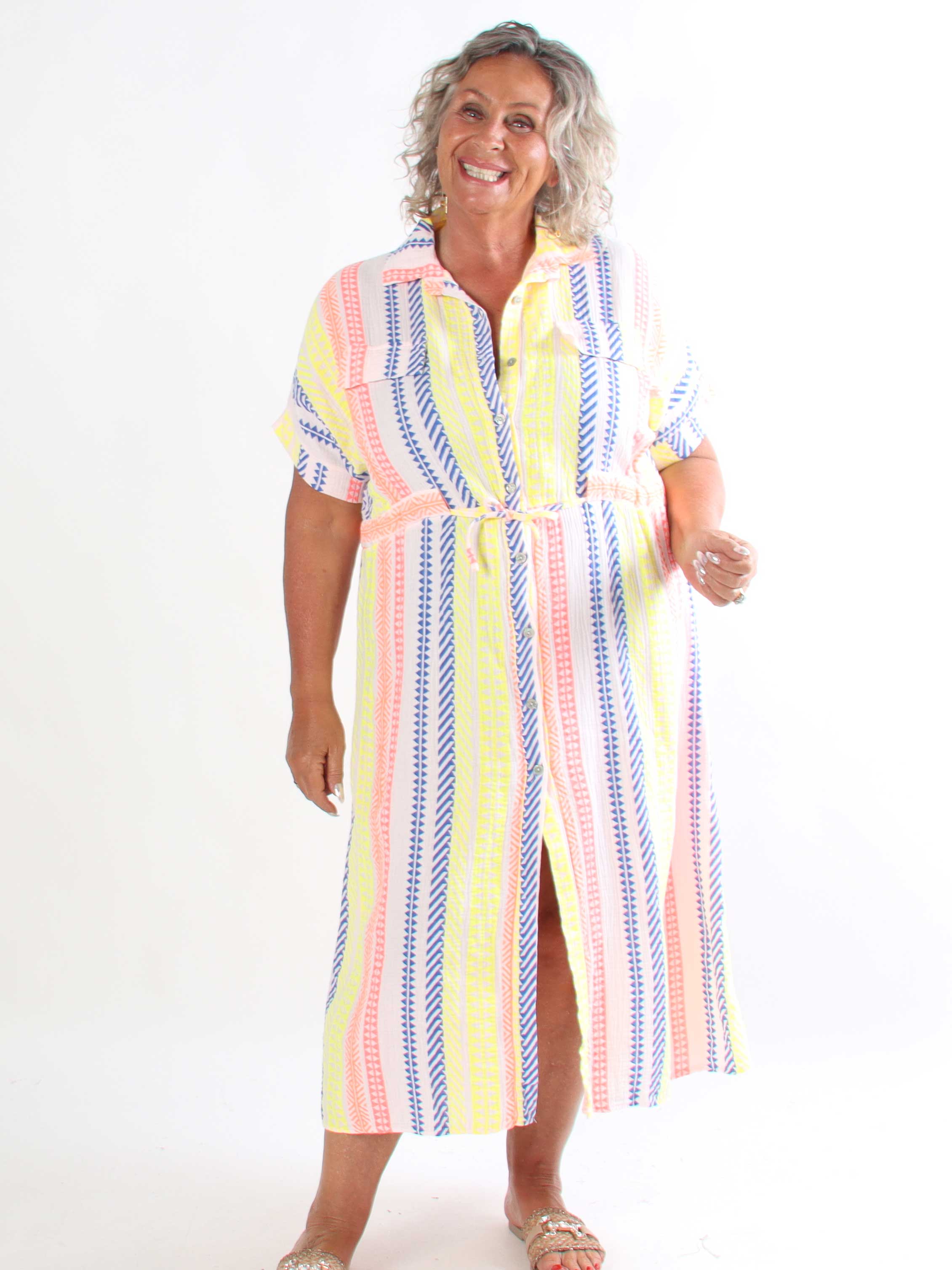 Aleftine - Plus size skjortekjole i bomuld med neonstriber